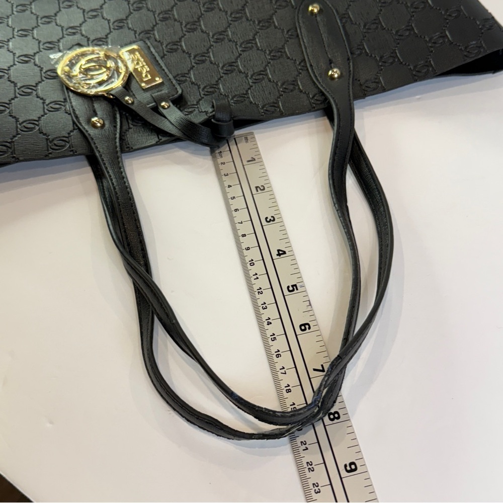Bebe Embossed Black Logo Tote – Gold Charm & Saffiano Finish Chic - Picture 10 of 16